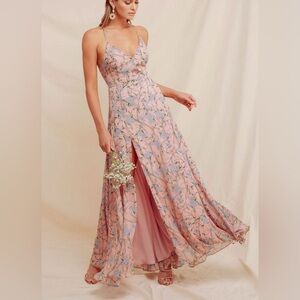 ASTR The Label Floral Pink Blue Maxi Wedding Summer Party Slit Dress XS